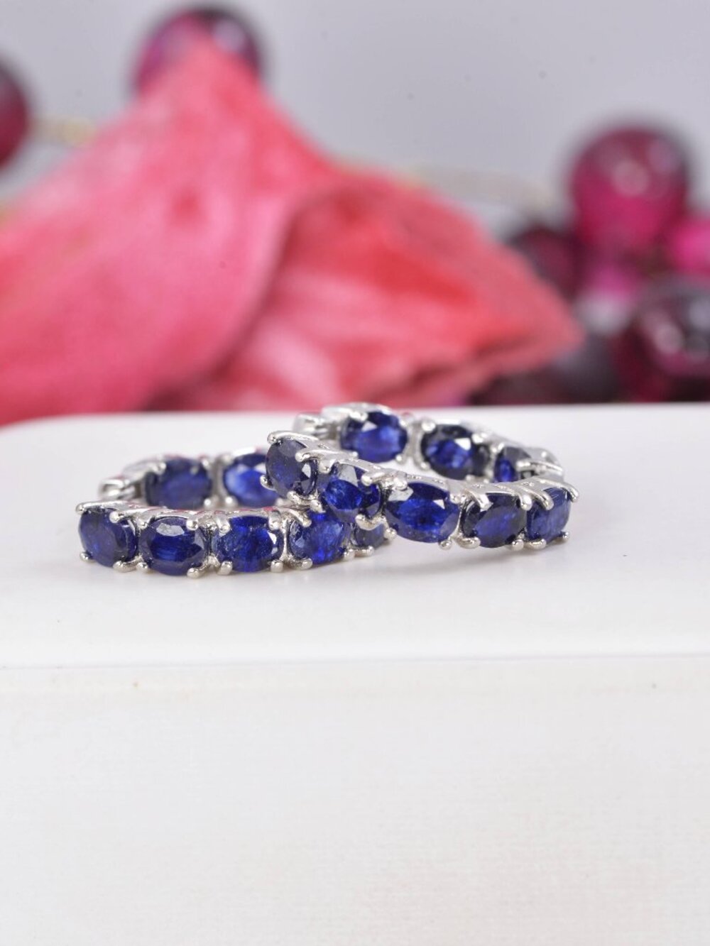 Natural Genuine Blue Sapphire Inside Out Hoop Earrings 925 Sterling Silver